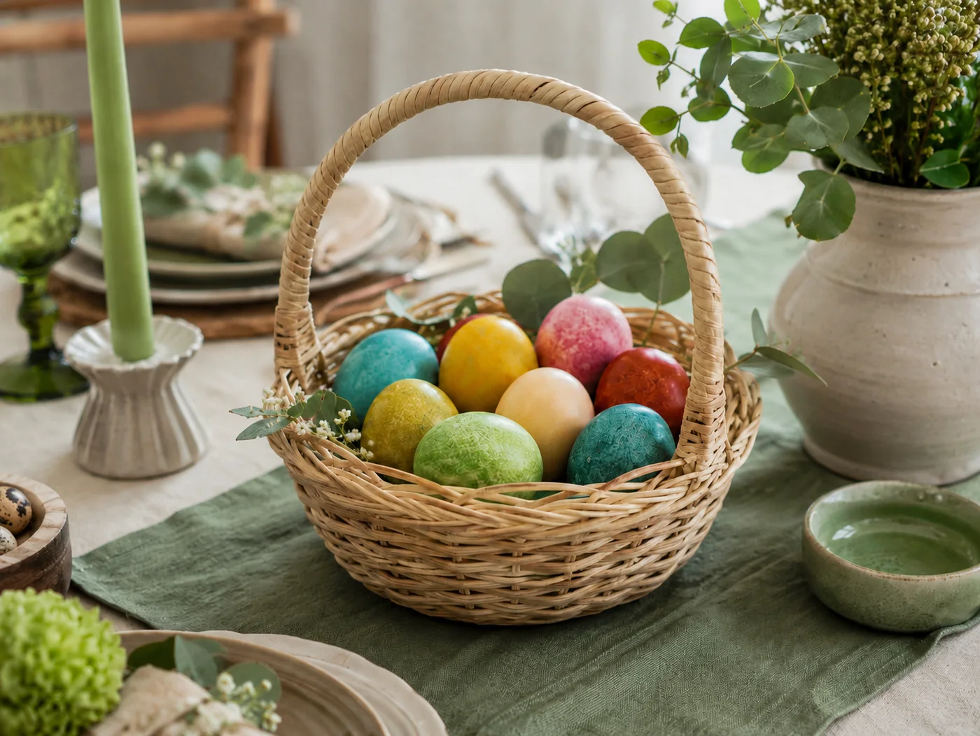 Bunte Ostereier auf einer Frühlingswiese
