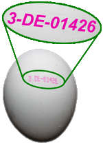 Ein weißes Ei mit einem Eiersiegel, das die Nummer 3-DE-01426 zeigt.