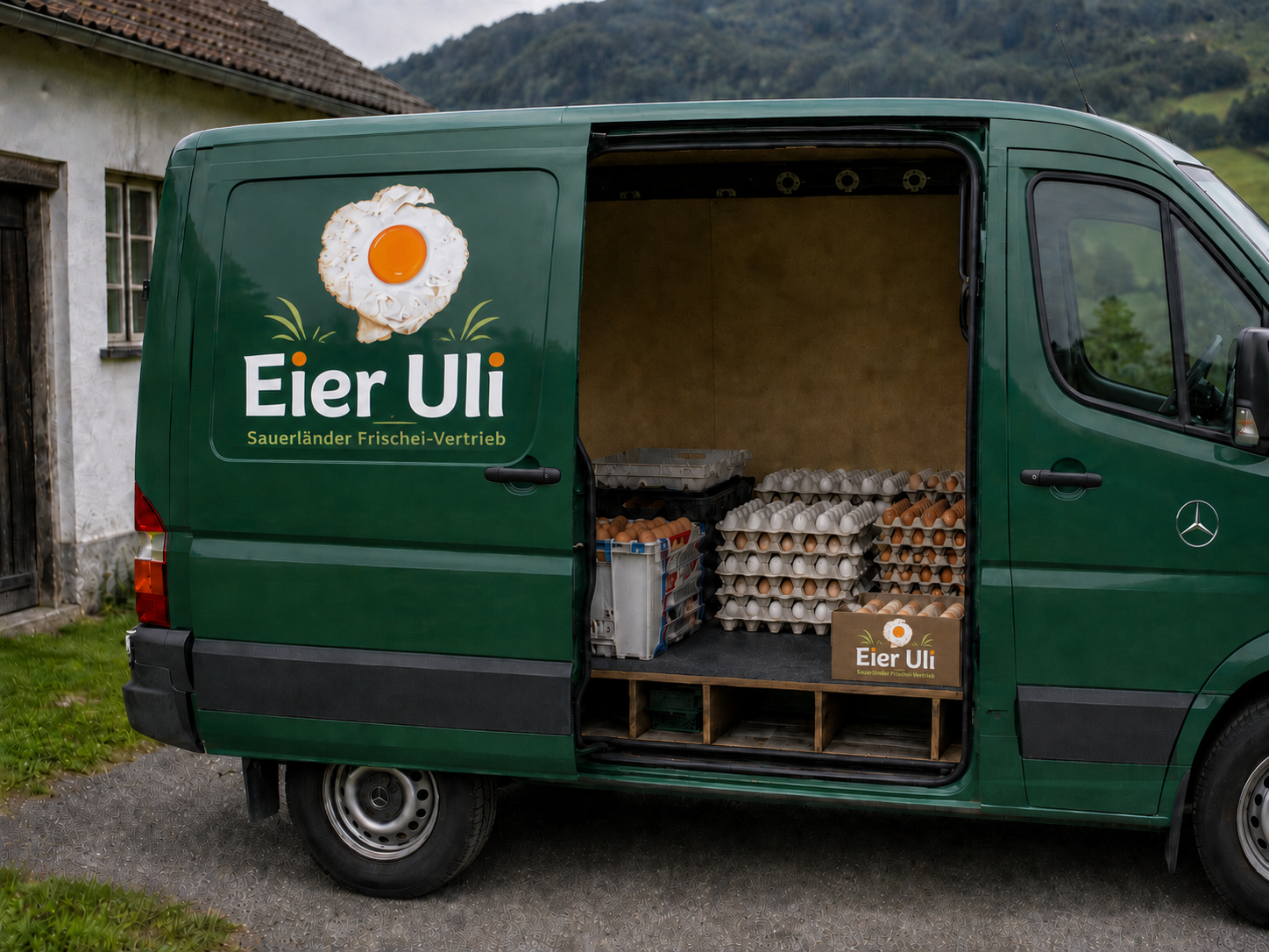 Offener Lieferwagen mit frischen Eiern